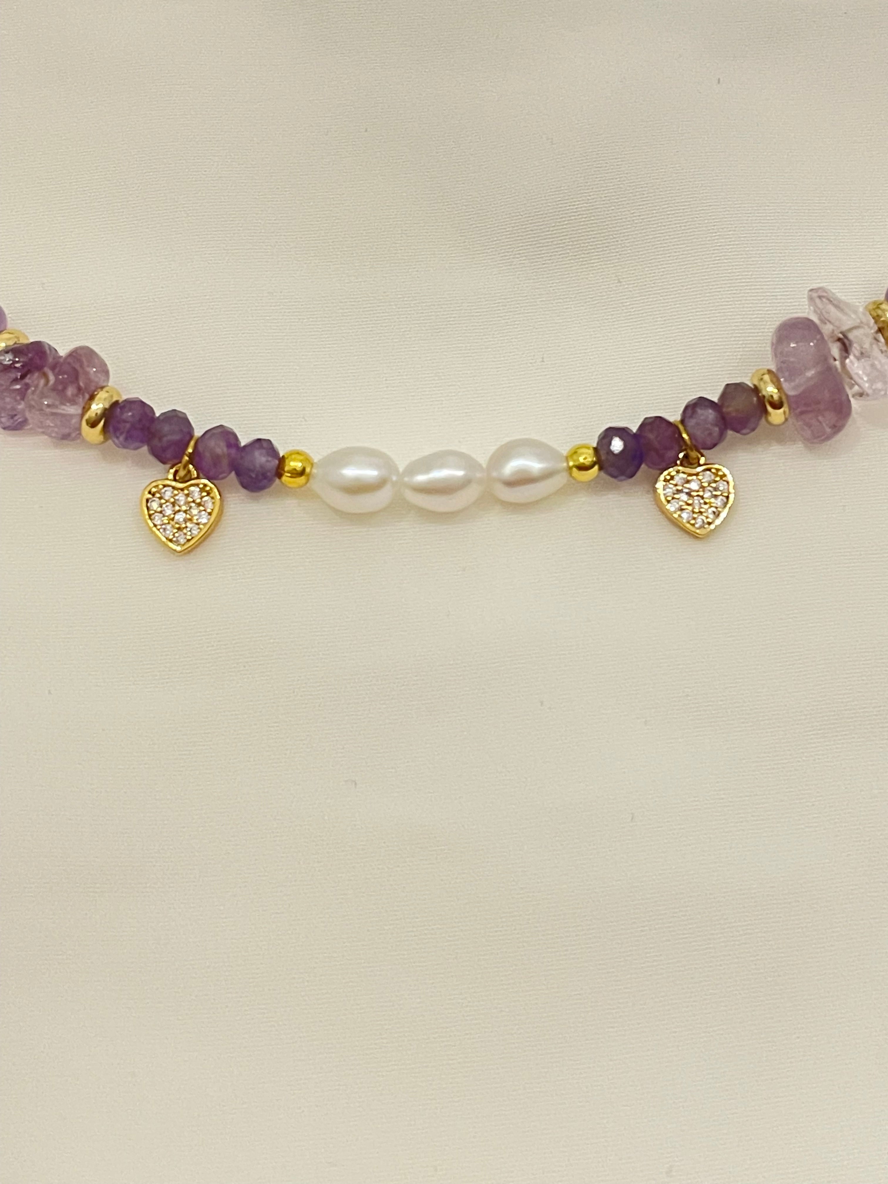 Amethyst and Pearls Heart Charm Necklace