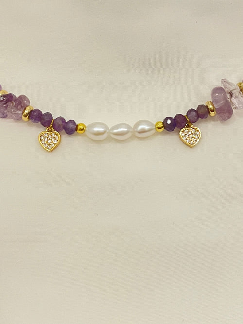 Amethyst and Pearls Heart Charm Necklace