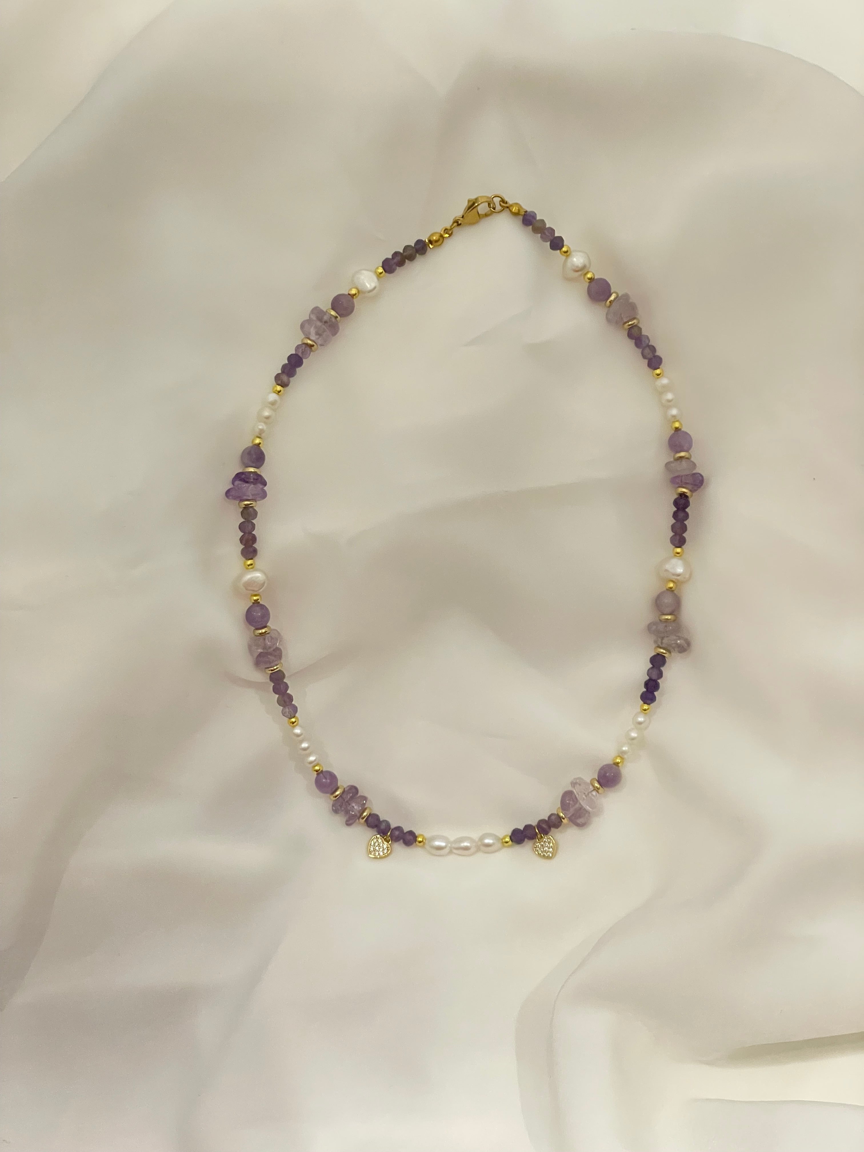Amethyst and Pearls Heart Charm Necklace