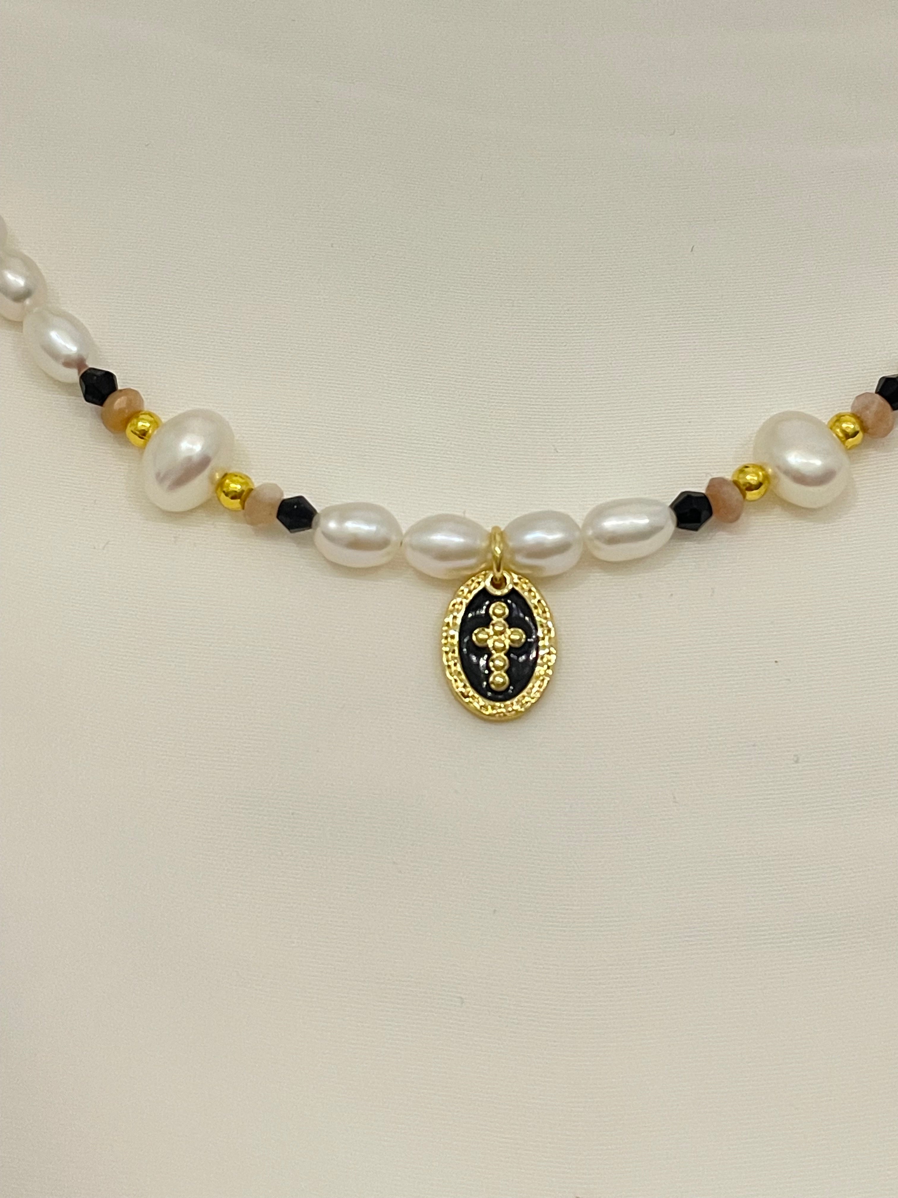 Pearls Necklace with Black Enamel Cross Pendant