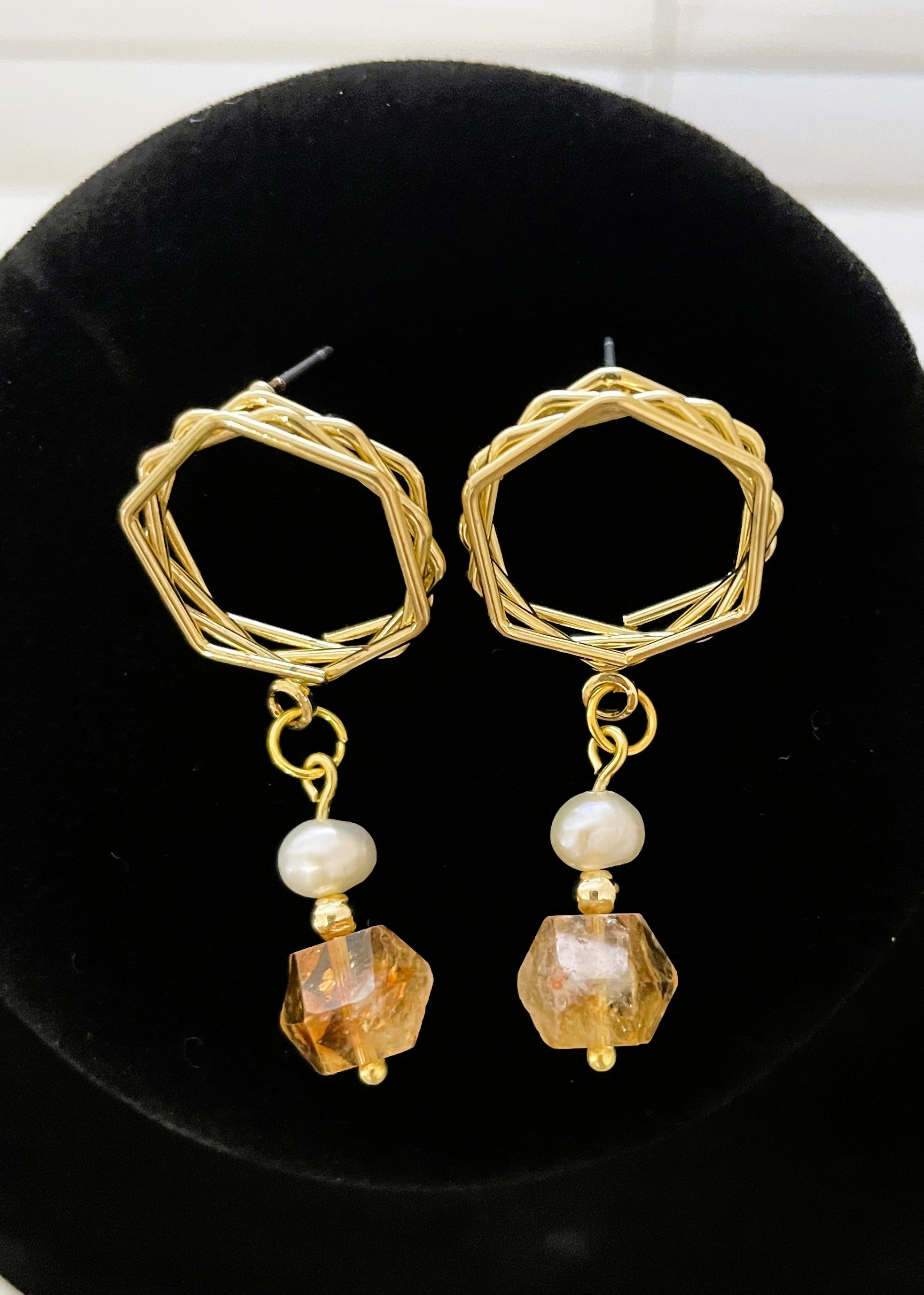 Hex Pearl & Citrine Earrings