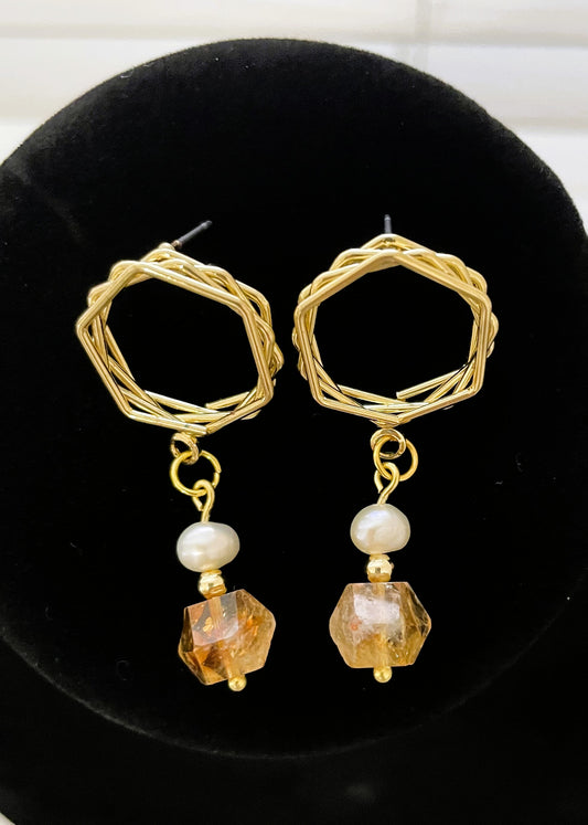 Hex Pearl & Citrine Earrings