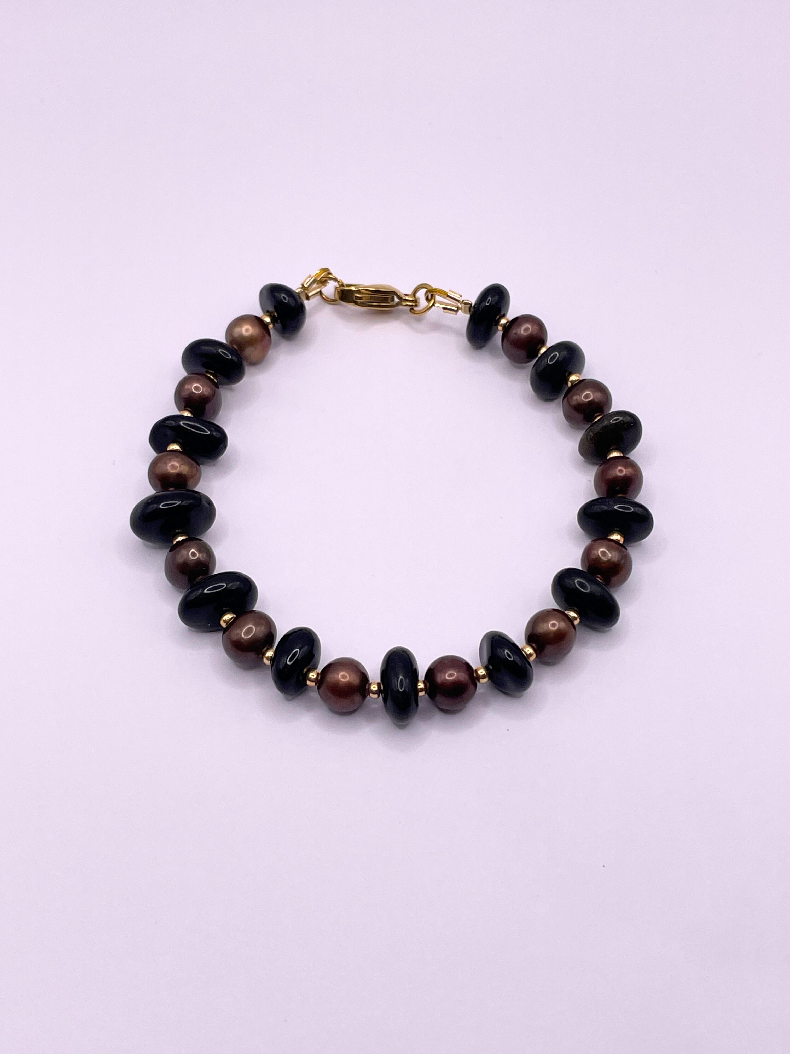 Copper Tone Pearls and Black Obsidian Bracelet