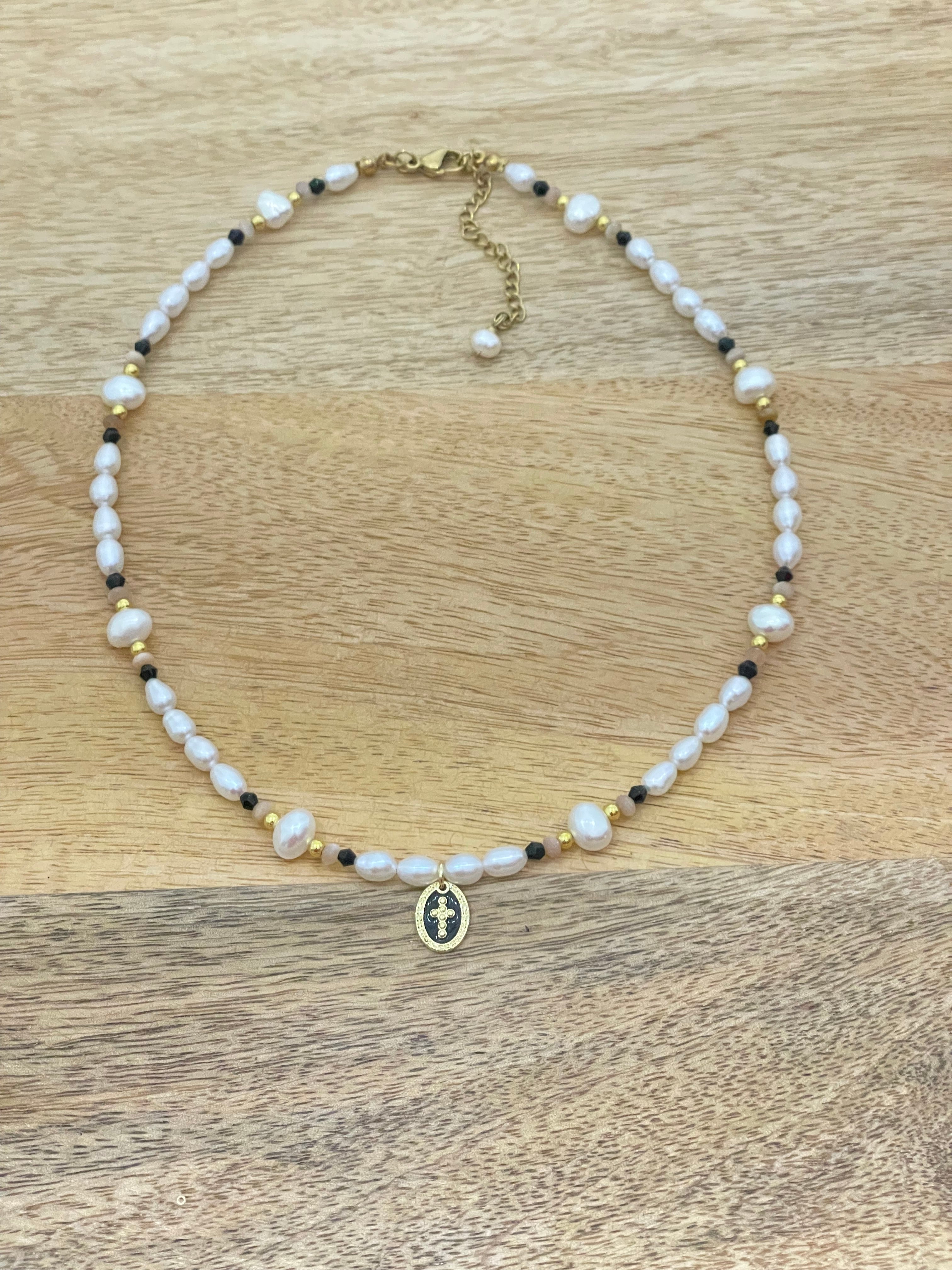 Pearls Necklace with Black Enamel Cross Pendant
