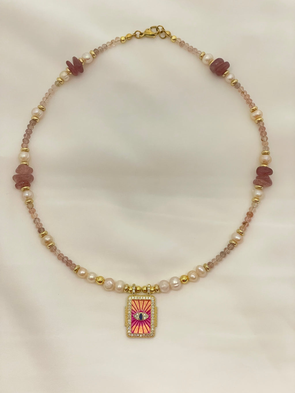 Strawberry Quartz & Pearls Necklace & Evil Eye Pendant