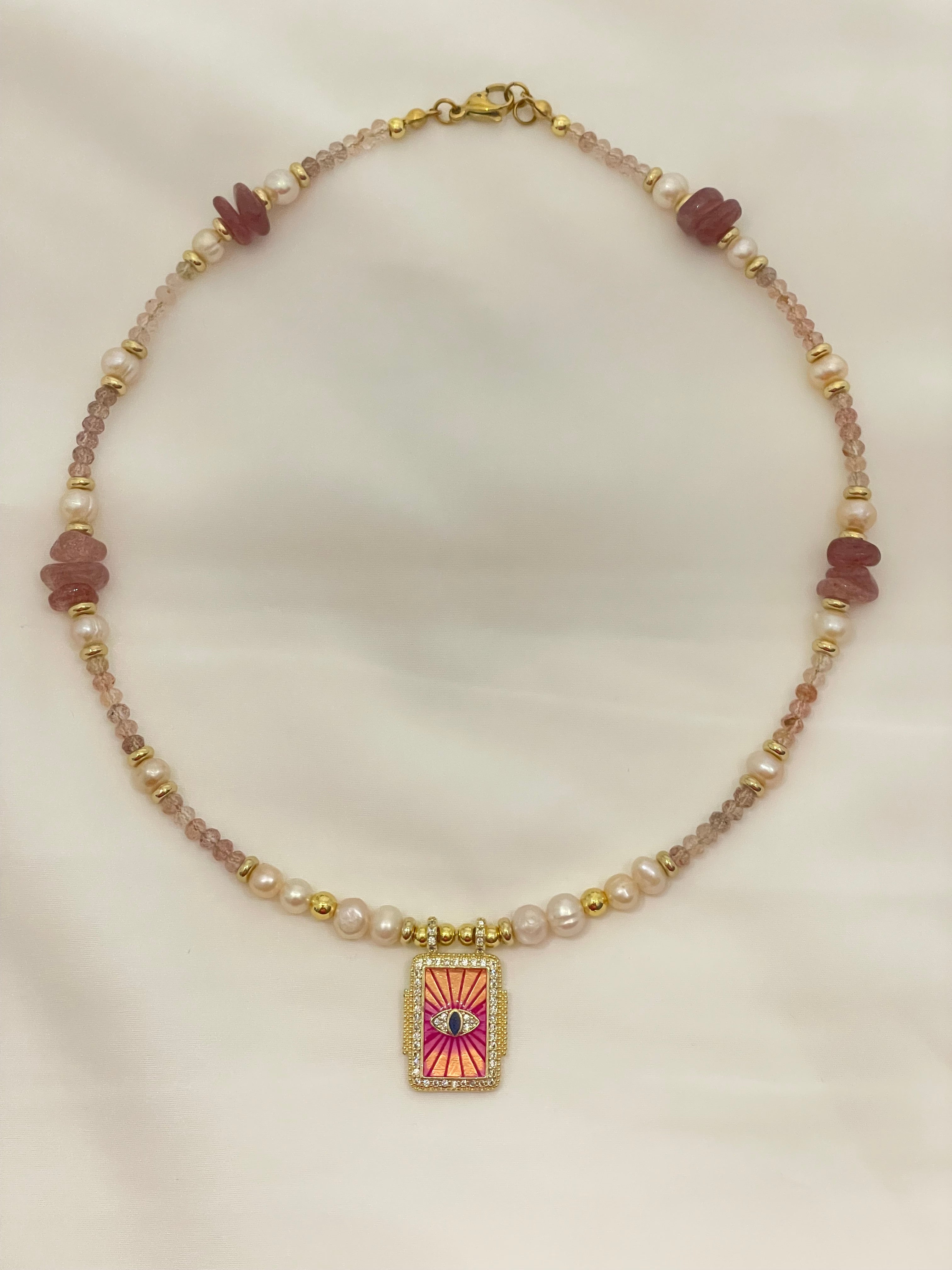 Strawberry Quartz & Pearls Necklace & Evil Eye Pendant