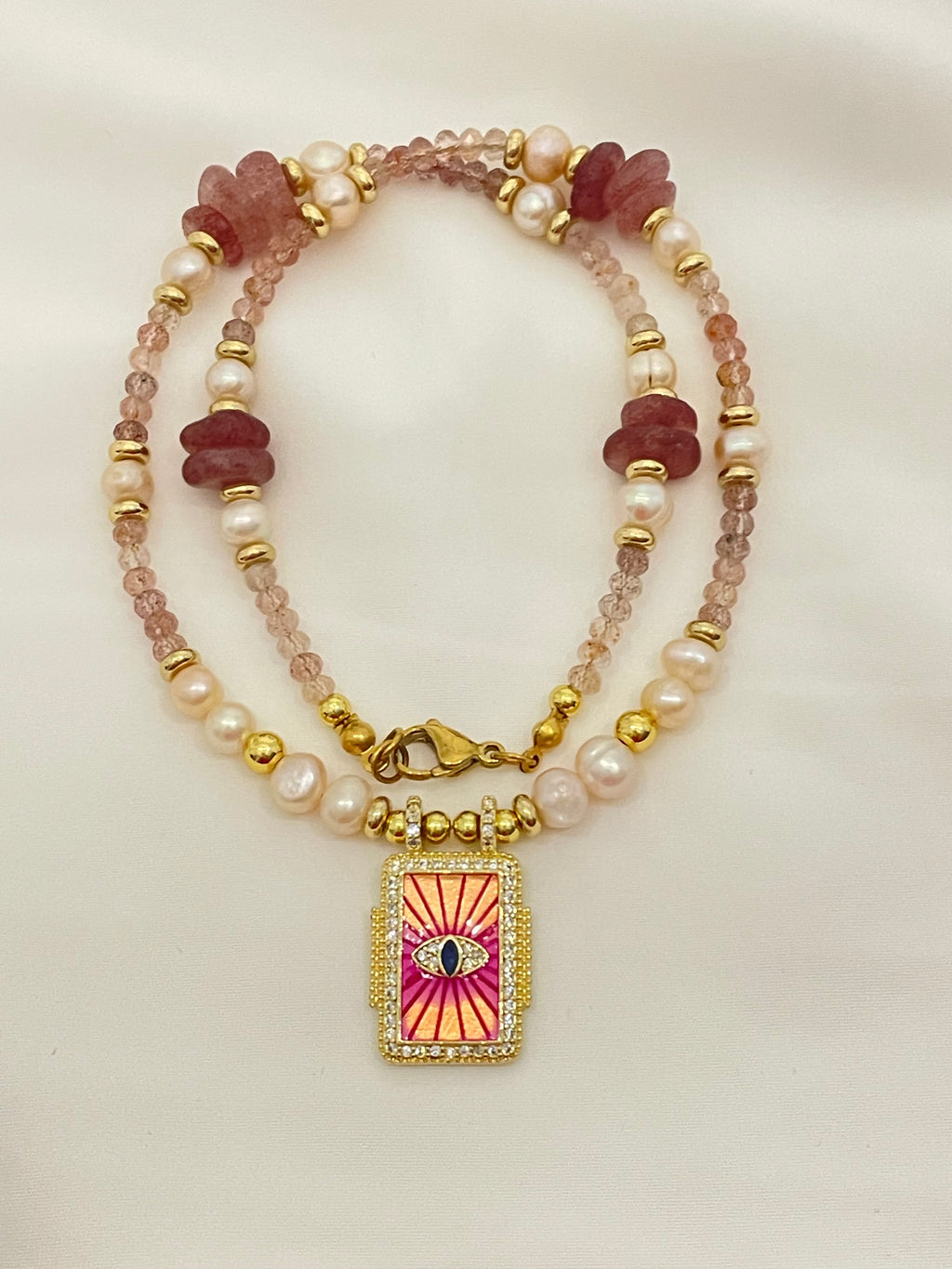 Strawberry Quartz & Pearls Necklace & Evil Eye Pendant