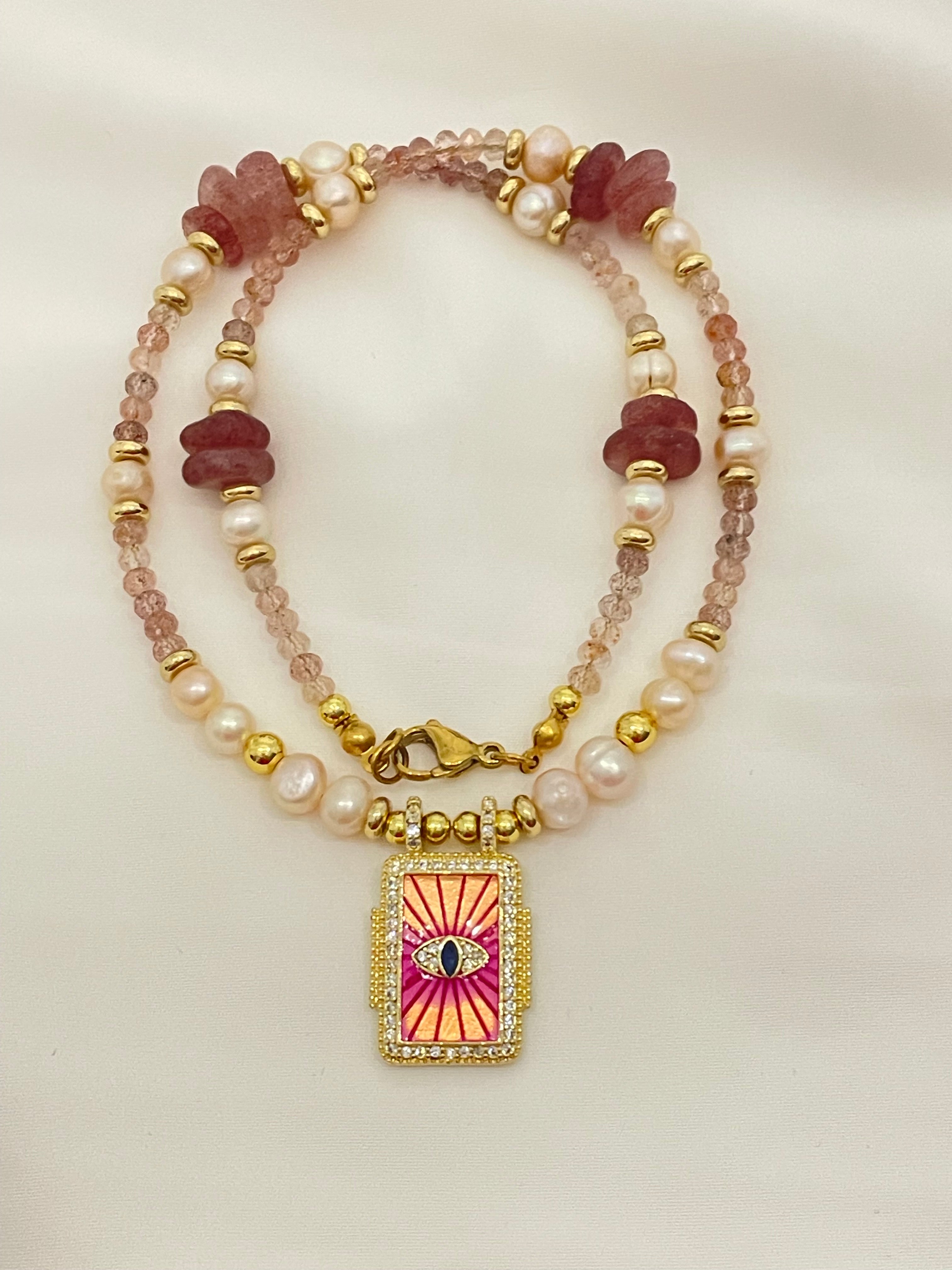 Strawberry Quartz & Pearls Necklace & Evil Eye Pendant