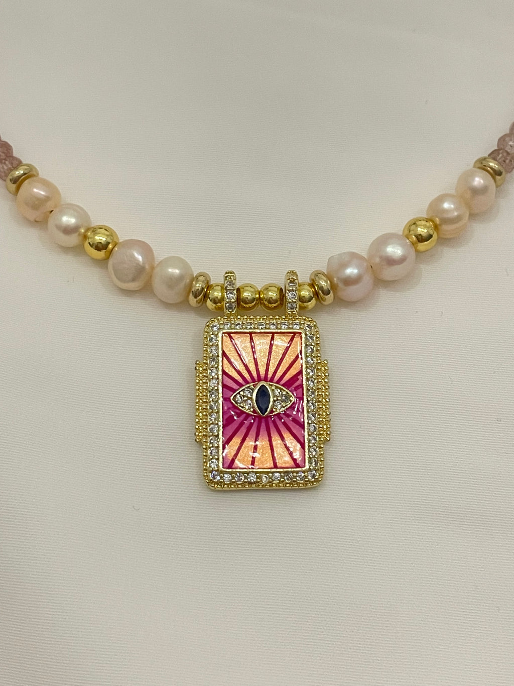 Strawberry Quartz & Pearls Necklace & Evil Eye Pendant