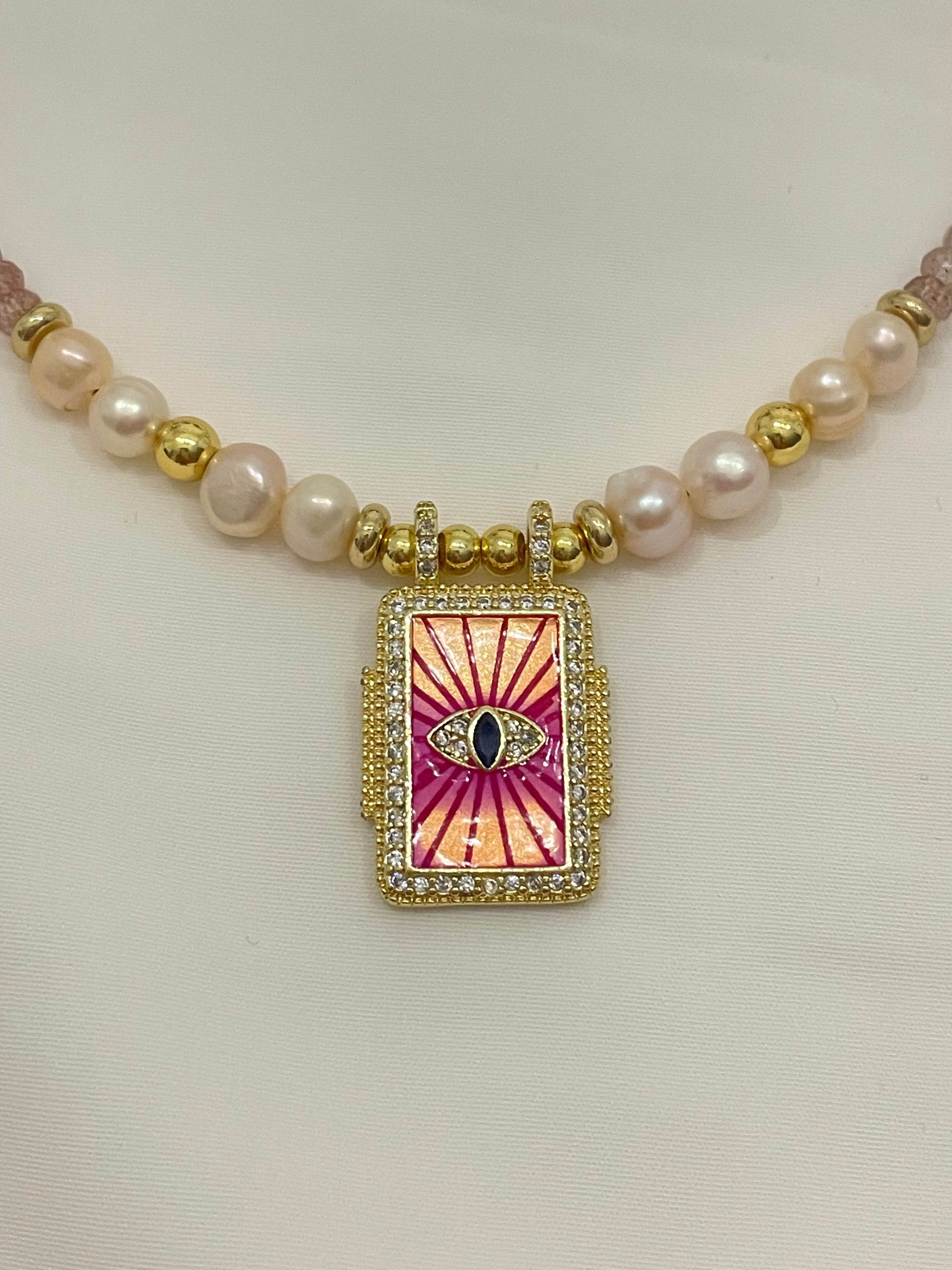 Strawberry Quartz & Pearls Necklace & Evil Eye Pendant