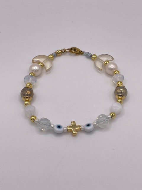 Opal Moon Macrame Cross and Evil Eye Bracelet