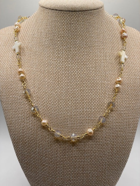 Wire Wrapped Mother of Pearl Cross Station Necklace