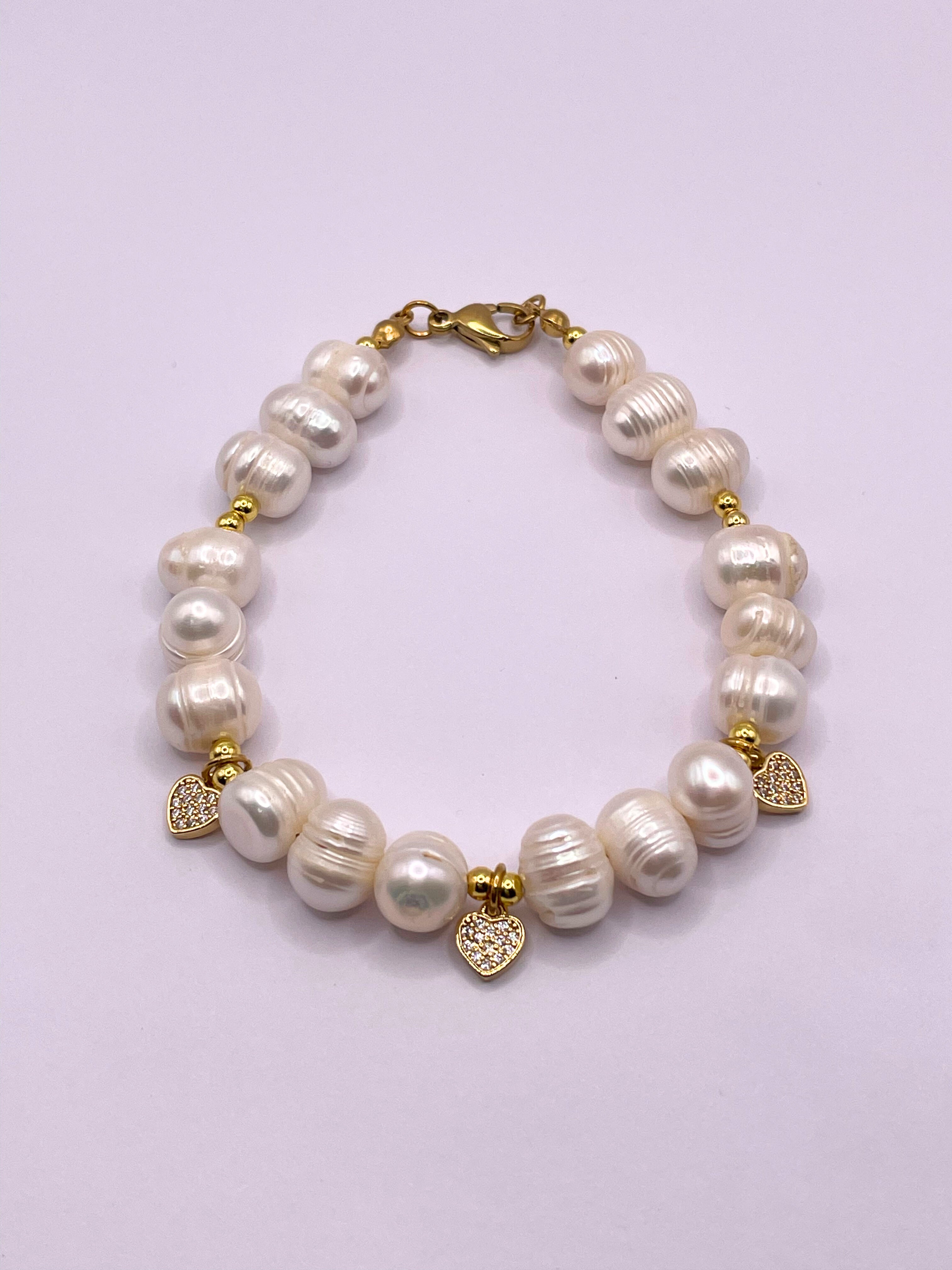 Large Pearl & Heart Charm Bracelet